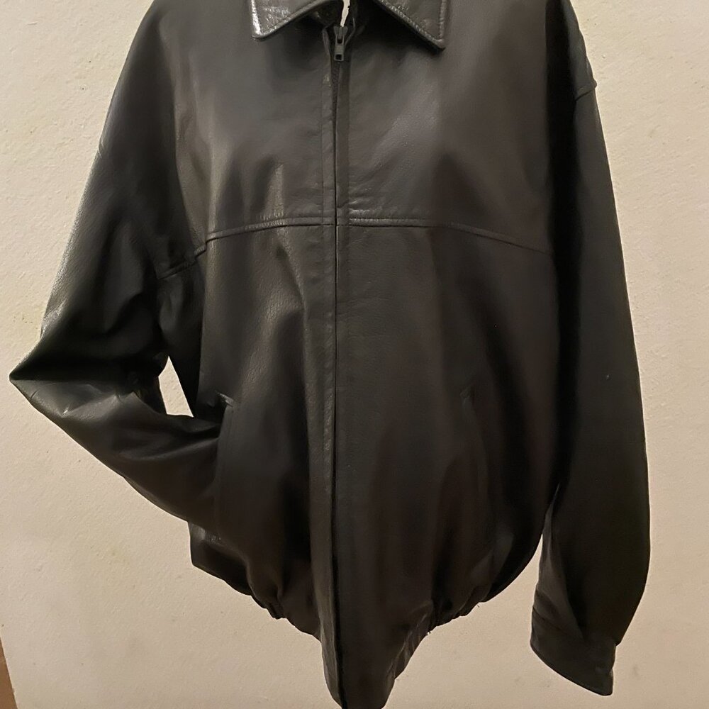 Outbrook Men's Black Leather Bomber Zip Front Jacket 2X